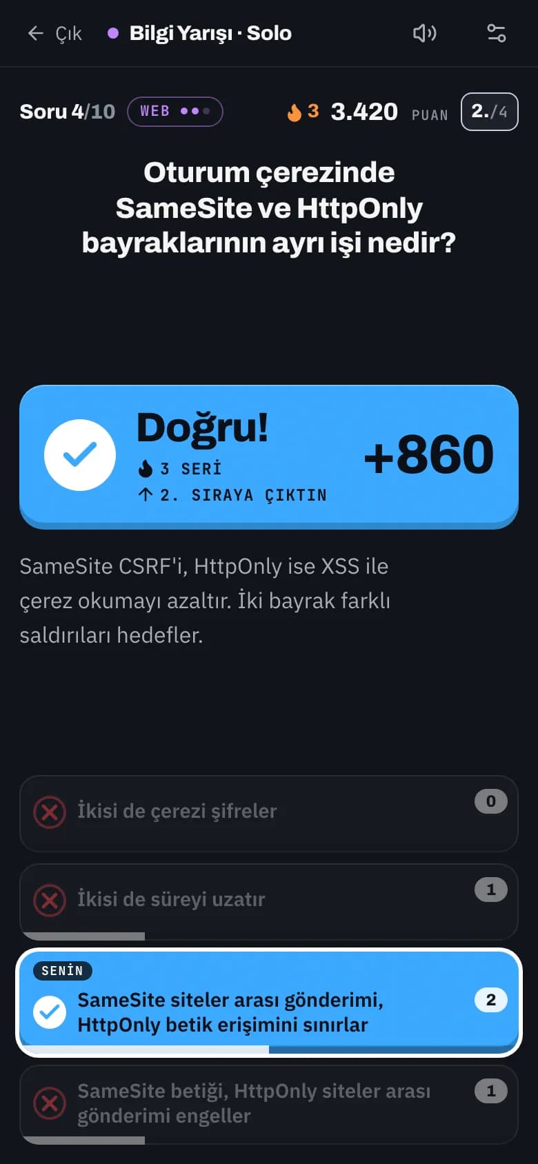 Bilgi Yarışı telefonda cevap anı: "Doğru! +860" kartı, seri ve sıra değişimi, altta şıklar tek sütun: doğru şık mavi, yanlışlar kırmızı çarpılı.