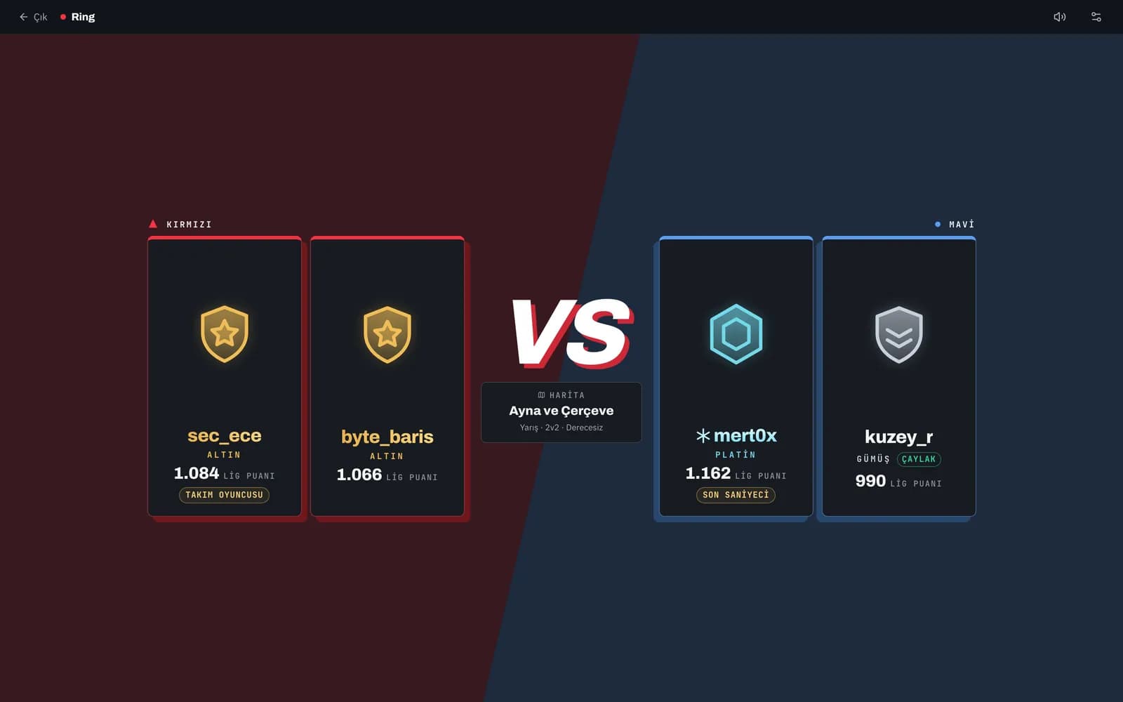 Ring VS ekranı: iki takım karşı karşıya, kademe amblemleri, lig puanları, unvanlar ve harita kartı.