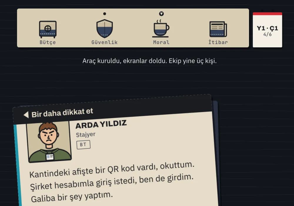 CISO Koltuğu: stajyerin kartı sola eğik, üstte "Bir daha dikkat et" bandı; Güvenlik ve Moral göstergelerinde etki noktaları, sağda duvar takvimi.