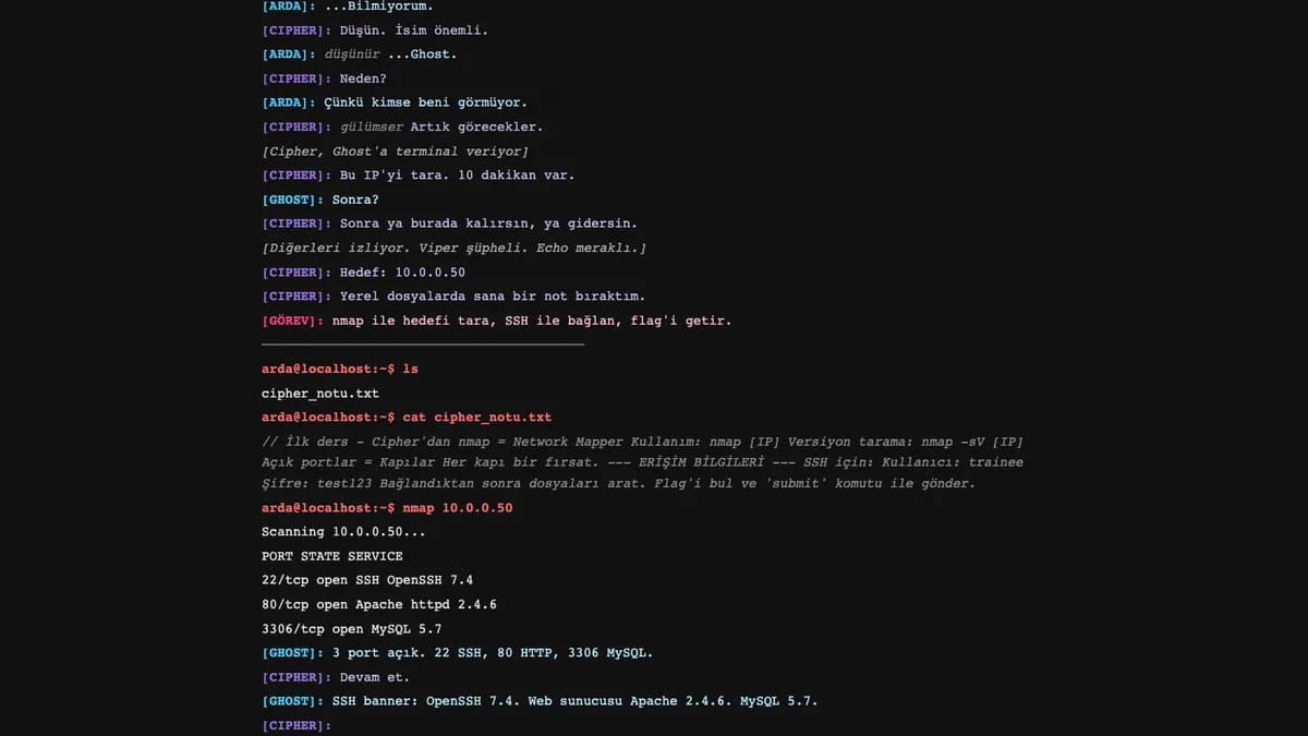 Root Protocol: terminalde Arda ile Cipher'ın konuşması ve nmap tarama çıktısı.